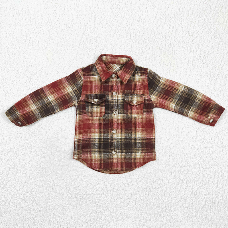 BT0189 Baby Boy Kids Plaid Cotton Pocket Flannel Button Up Shirt