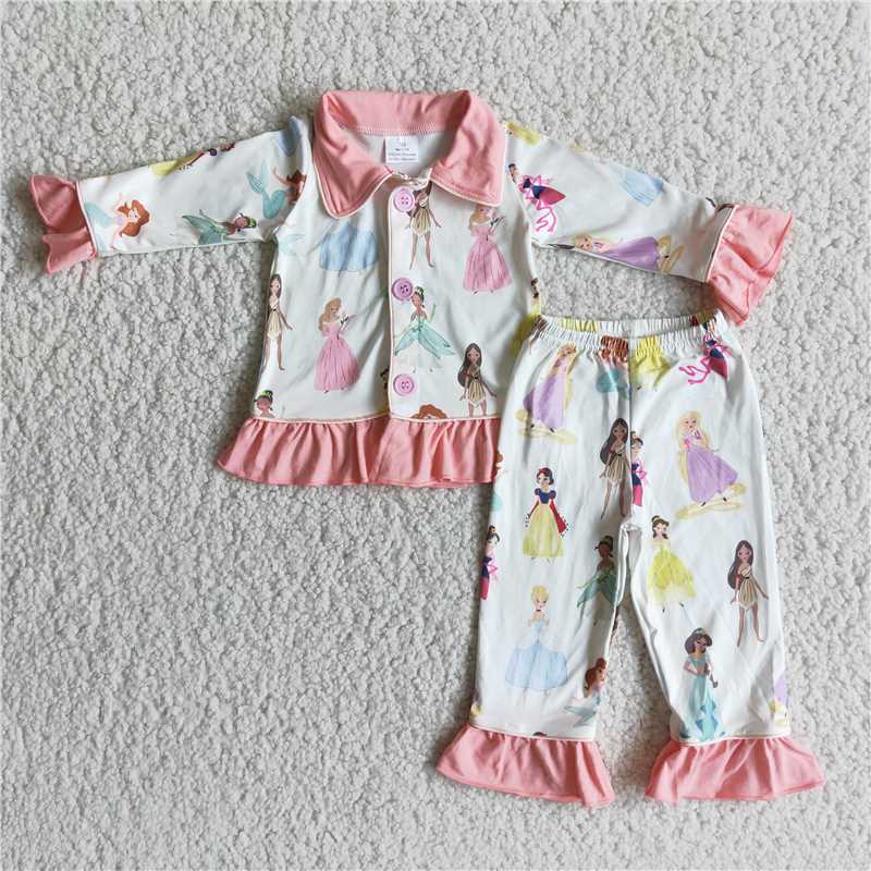 6 B9-23 Baby Girl Nightclothes Princess Ruffle Pants Pajamas Sleepwear Set