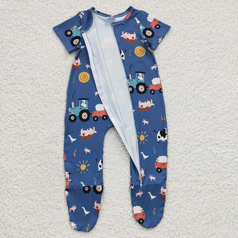 SR0195 Baby Boy Kids Farm Boots Short Sleeves Zipper Romper Footed Coverall