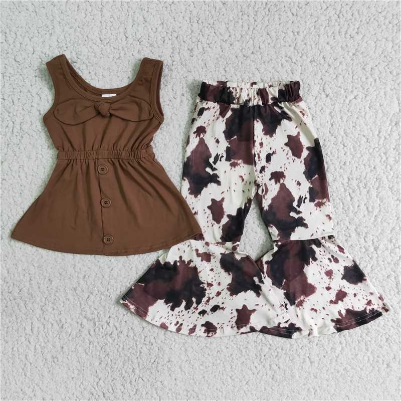 A18-12 Baby Girl Brown Bow Cow Print Sleeveless Bell Pants Set