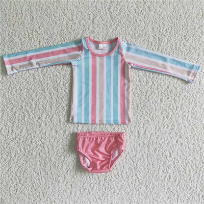 S0020 Colorful Stripe Summer Long Sleeve Swimsuit Outfit