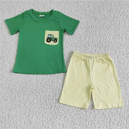 BSSO0058 Baby Boy Summer Tractor Pocket Green Outfit