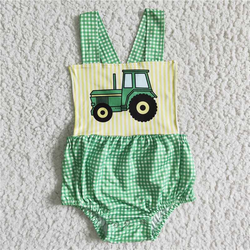 SR0036 Baby Boy Tractor Green Plaid Bubble Romper
