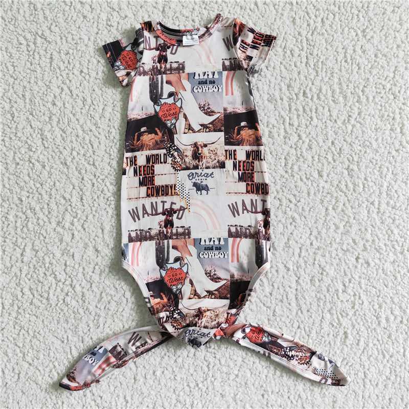 NB0009 Knotted Baby Newborn Gown Western Cow Romper