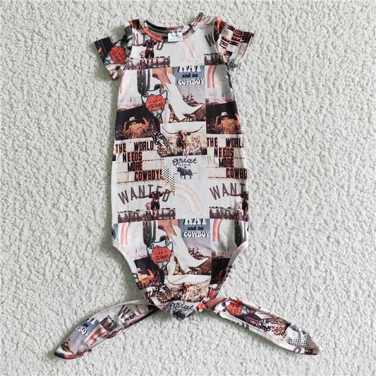 NB0009 Knotted Baby Newborn Gown Western Cow Romper