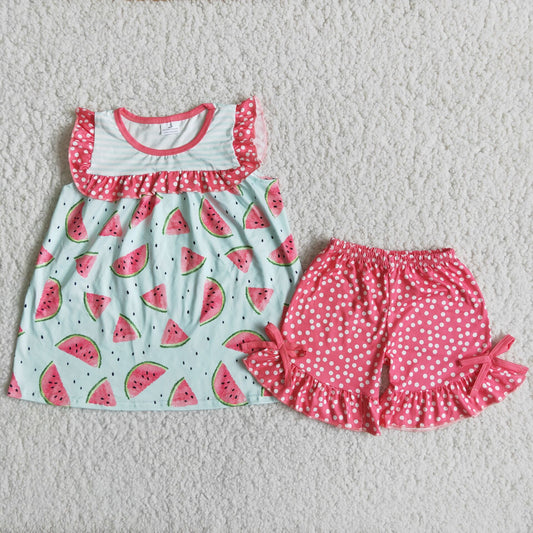 Baby Girl Watermelon Pink Ruffle Shorts Summer Outfit