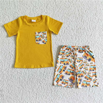 BSSO0041 Baby Boy School Bus Pocket Summer Shorts Outfit