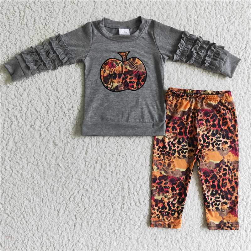 GLP0210 Baby Girl Kids Fall Embroidery Pumpkin Leopard Pants Outfit