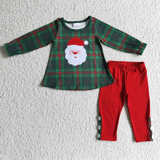 GLP0308  Baby Girl Green Red Plaid Santa Embroidery Cotton Leggings Christmas Outfit