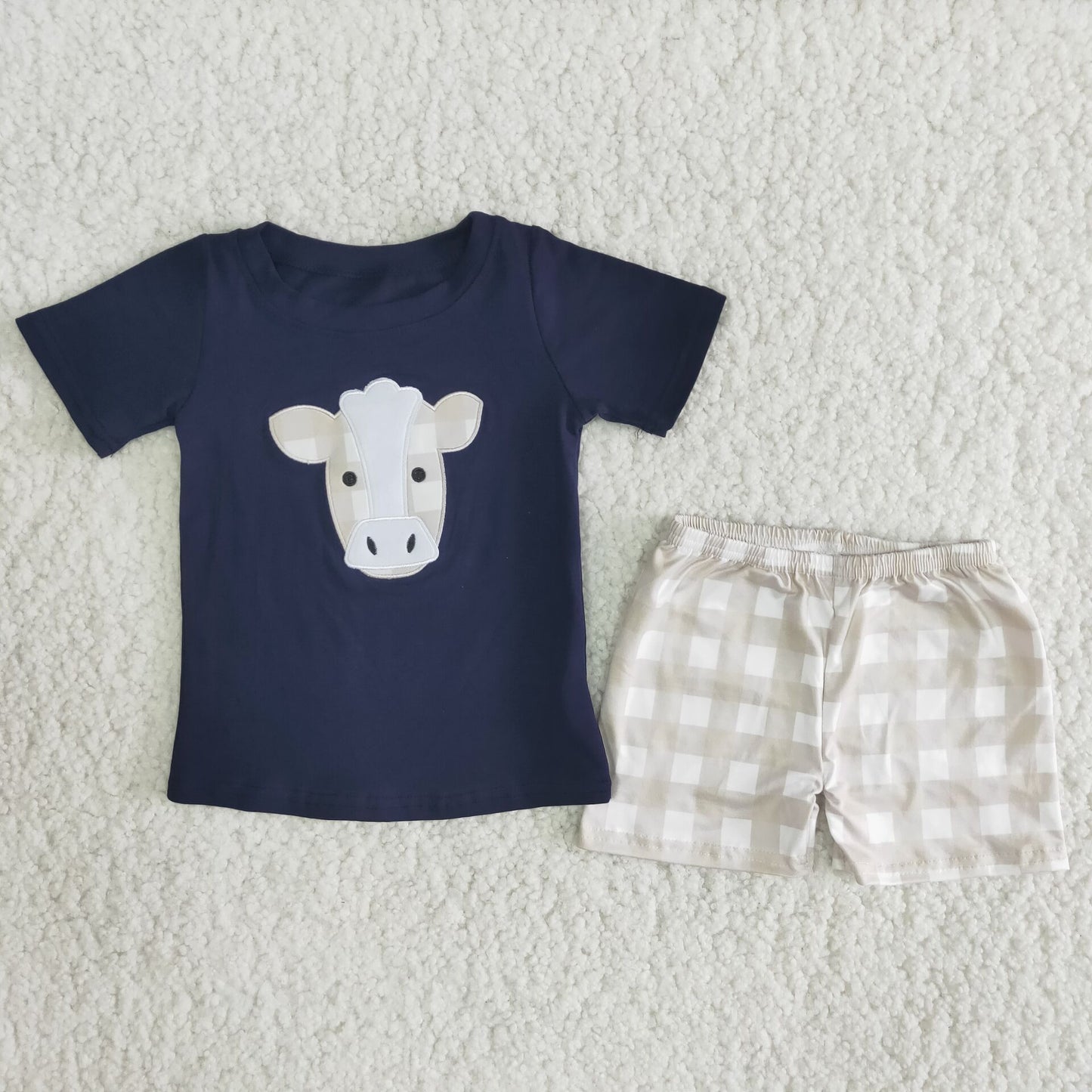 A4-14 Baby Girl Cow Embroidery Plaid Shorts Summer Outfit