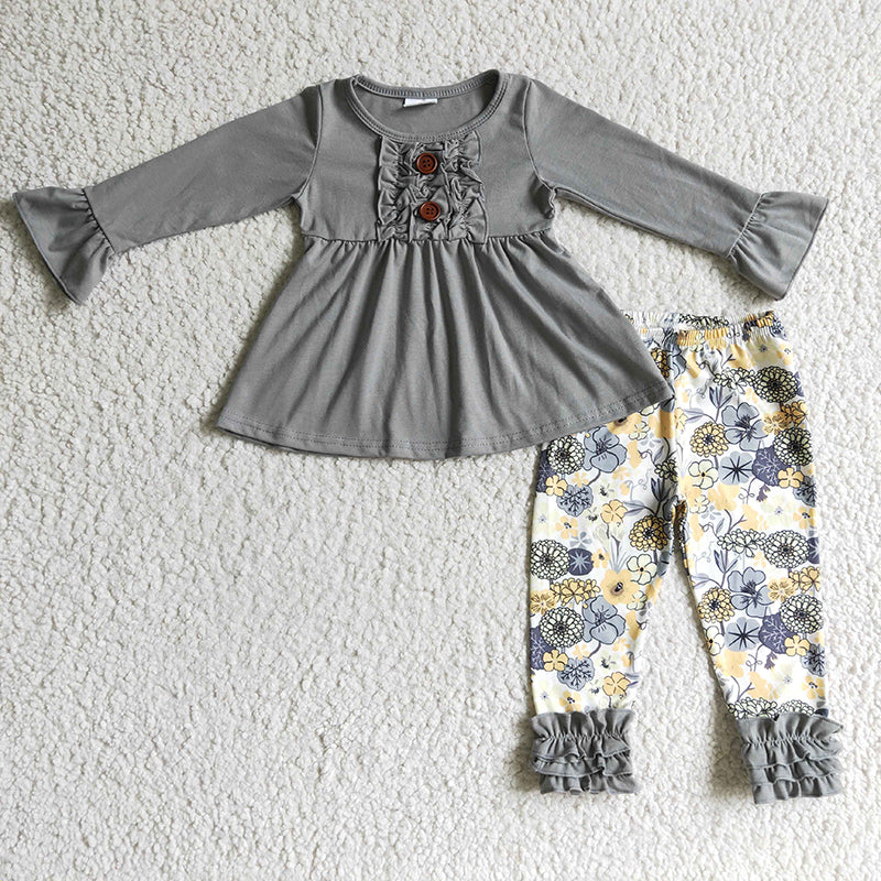 6 A11-28 Baby Girl Kids Grey Cotton Floral Pants Flower Outfit