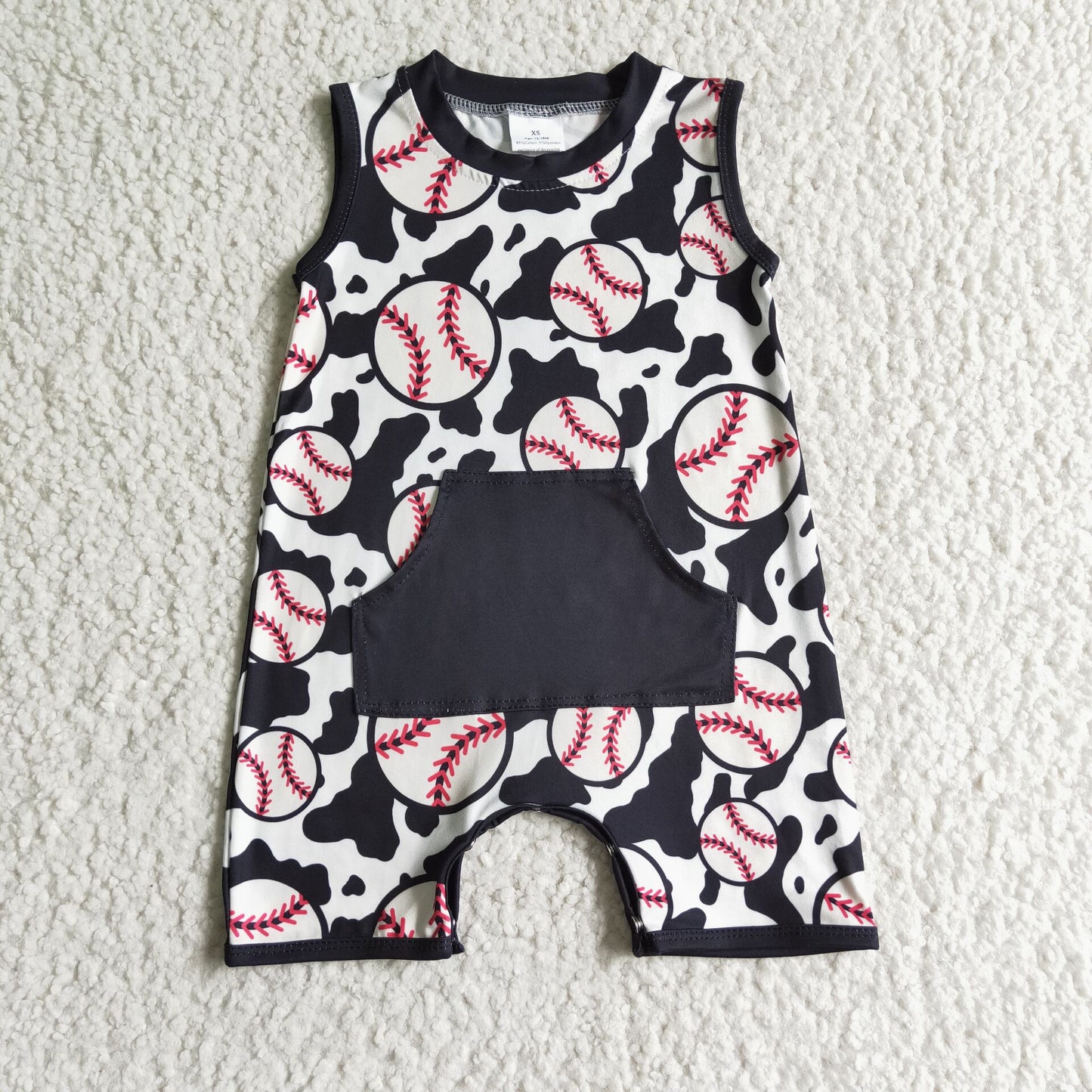 SR0046 Baby Boy Baseball Pocket Cow Print Romper