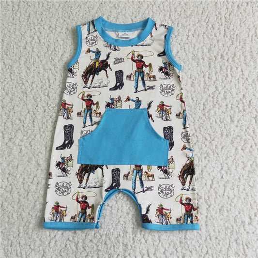 SR0043 Baby Boy Rodeo Cow Print Pocket Romper