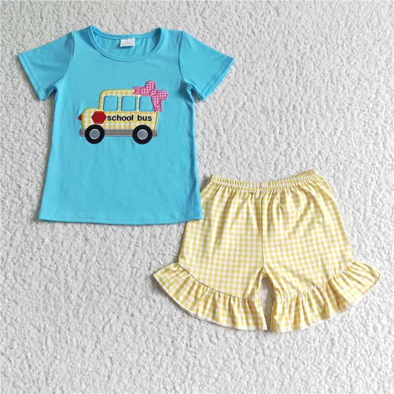 GSSO0093 Baby Girl School Bus Embroidery Shorts Outfit