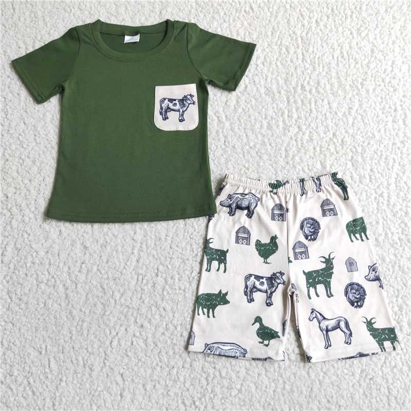 BSSO0046 Baby Boy Summer Cow Farm Pocket Green Outfit