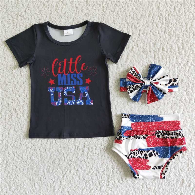 NC0007 July 4th Baby Girl Bummies Shorts Outfit With Headband