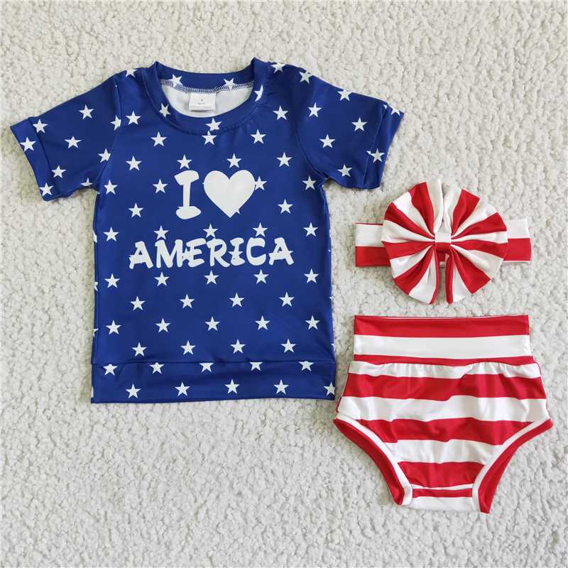 GBO0039 July 4th Baby Girl Bummies Shorts Outfit With Headband