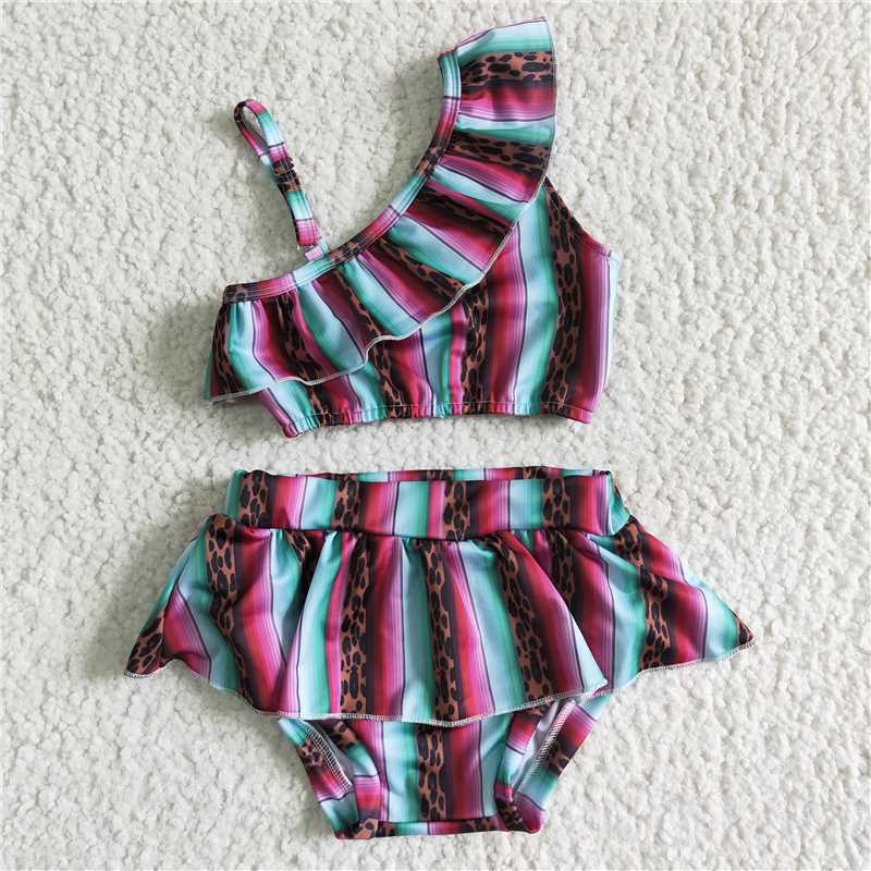 S0022 Baby Girl Colorful Stripe Leopard Summer Swimsuit Outfit