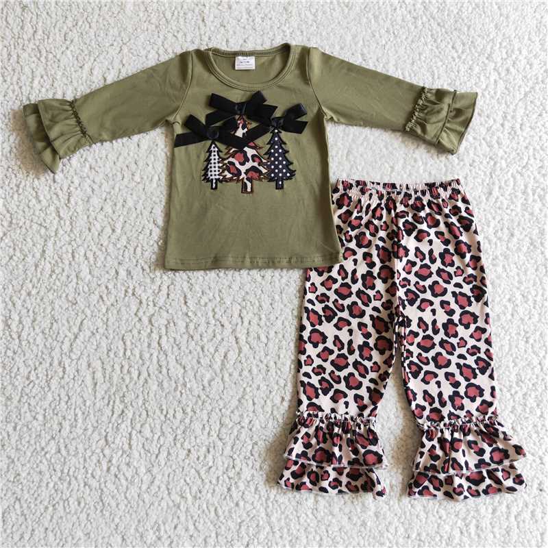 GLP0231 Christmas Baby Girl Embroidery Tree Leopard Pants Outfit