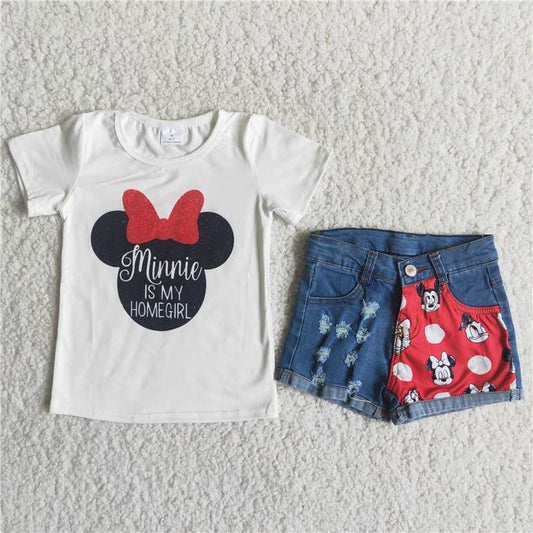 C15-19 Baby Girl Summer Cartoon Denim Shorts Outfit