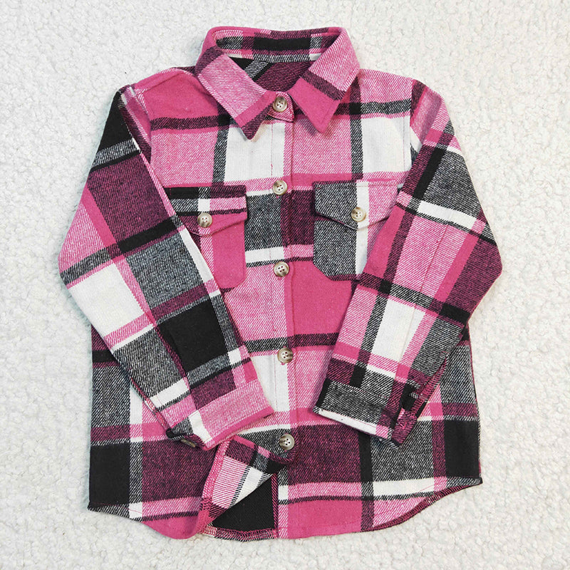 GT0104 Baby Girl Kids Pink Plaid Cotton Pocket Flannel Button Up Shirt