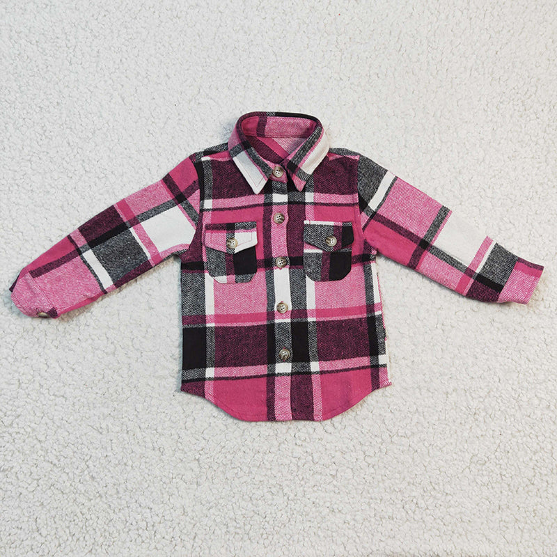 GT0104 Baby Girl Kids Pink Plaid Cotton Pocket Flannel Button Up Shirt