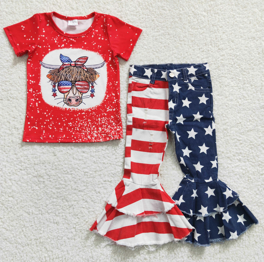 Baby Girl July 4th Western Cow Short Sleeves Shirt Striped Denim Pants Outfit