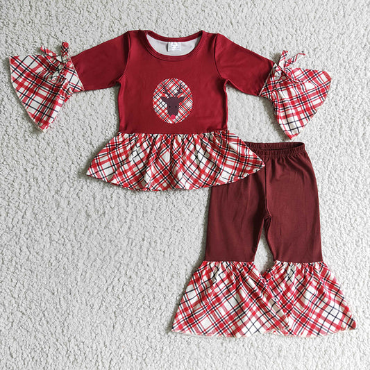 GLP0202 Reindeer Plaid Bell Pants Baby Girl Christmas outfit