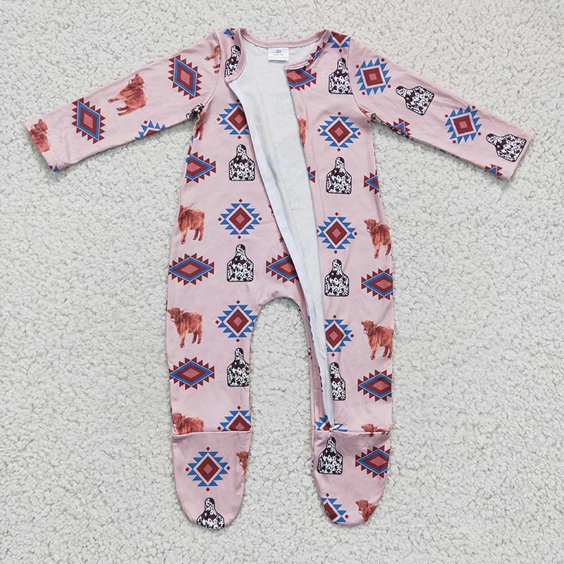 LR0224 Baby Kids Newborn Western Cow Aztec Zipper Romper Footed Coverall