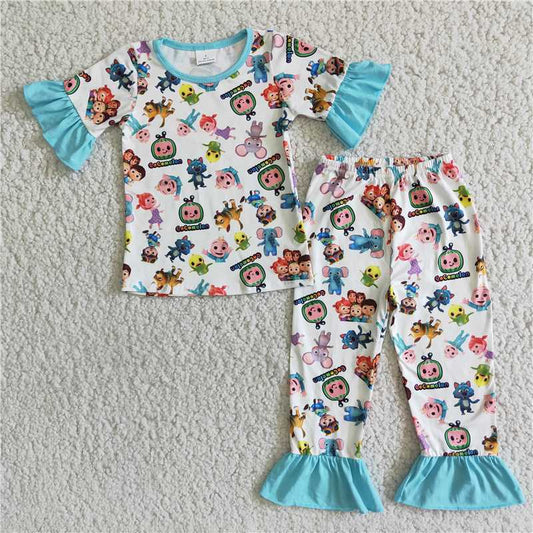 Baby Girl Blue Ruffle Short Sleeve Pajamas Melon Outfit