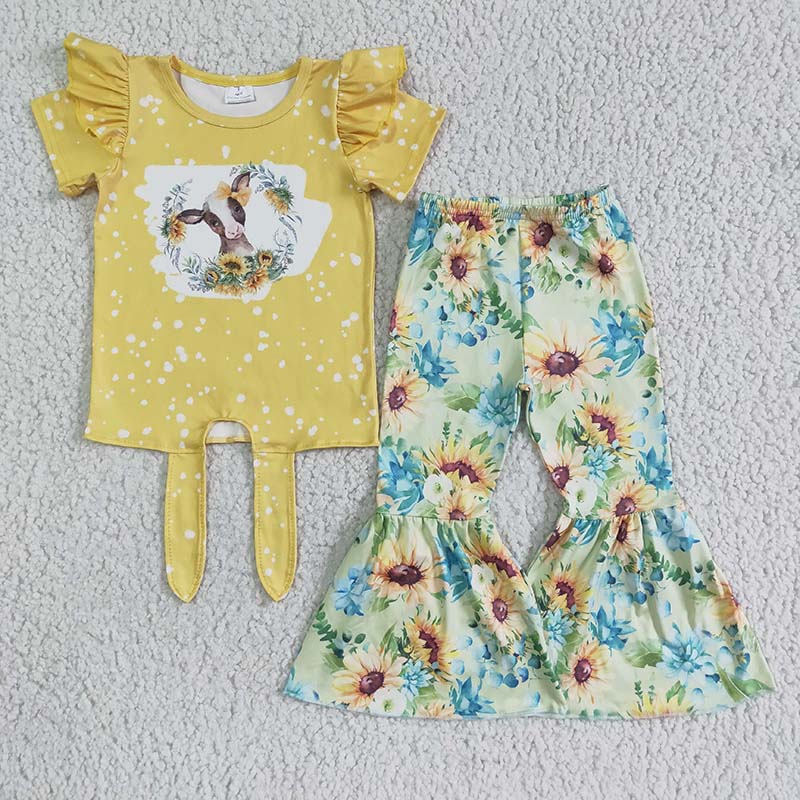 GSPO0089 Baby Girl Cow Sunflower Bell Pants Set
