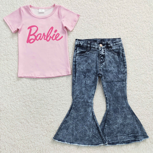 Baby Little Girl Short Sleeves Letter Pink Shirt Denim Bell Pants Outfit