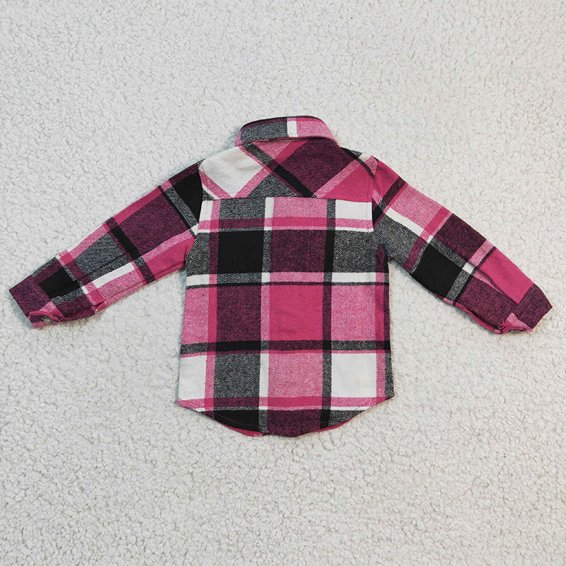 GT0104 Baby Girl Kids Pink Plaid Cotton Pocket Flannel Button Up Shirt