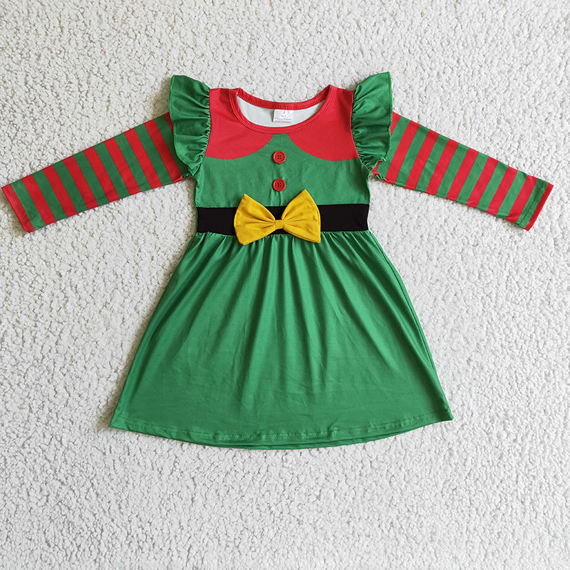 GLD0143 Baby Girl Stripe Green Bow Christmas Dress