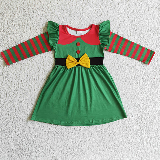 GLD0143 Baby Girl Stripe Green Bow Christmas Dress