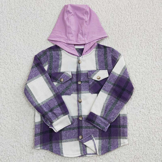 GT0150 Baby Girl Purple Plaid Shirt Pocket Flannel Button Up Hoodie