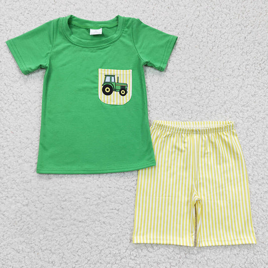 BSSO0058 Baby Boy Tractor Pocket Greeen Cotton Shirt Stripe Shorts Summer Outfit