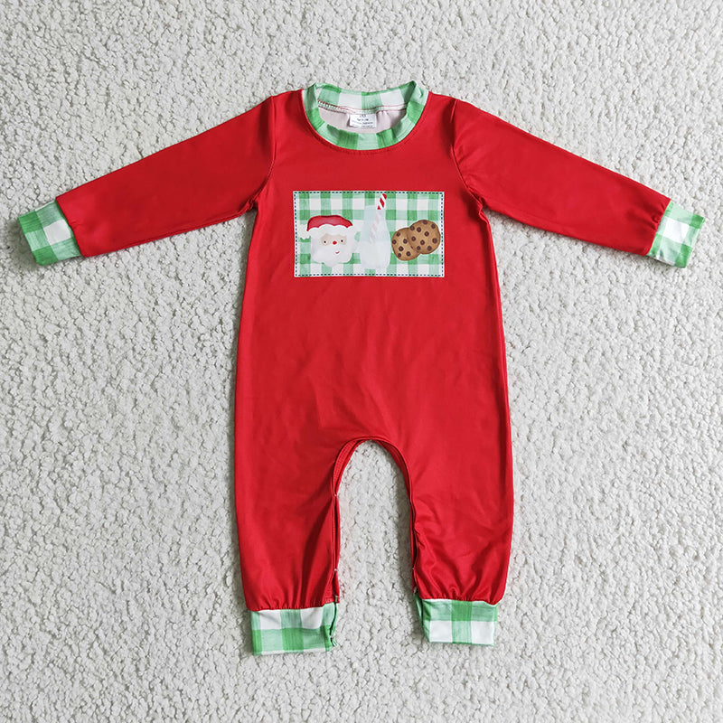 LR0188 Baby Girl Plaid Santa Milk Cookie Christmas Red Romper