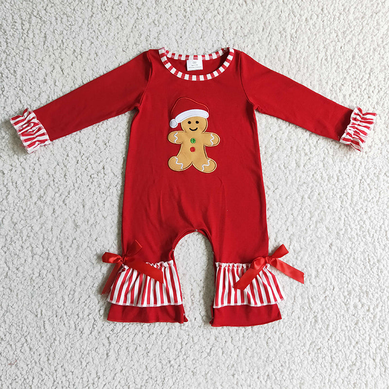 LR0196 Baby Girl Embroidery Gingerbread Christmas Red Cotton Romper