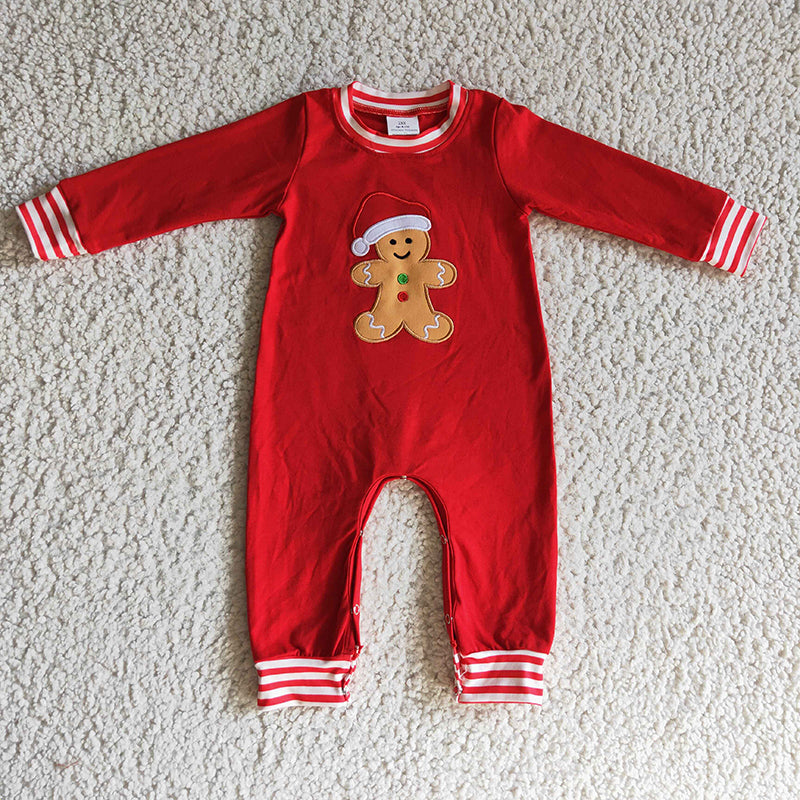 LR0195 Baby Boy Embroidery Gingerbread Christmas Red Cotton Romper