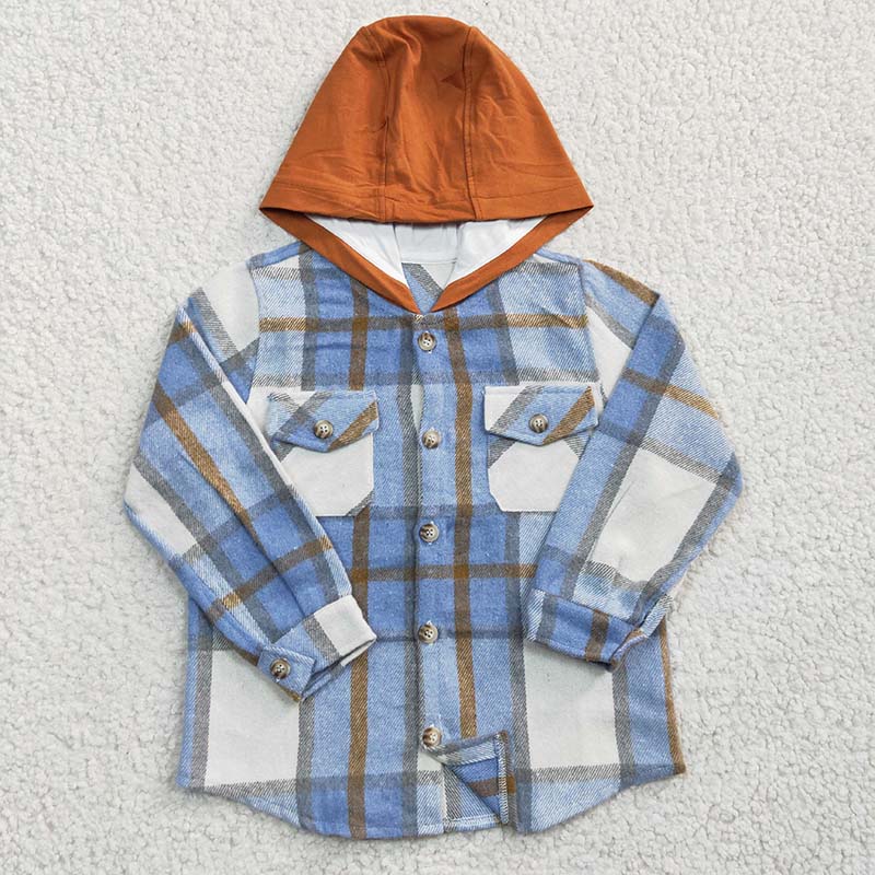 BT0208 Baby Boy Blue Plaid Shirt Pocket Flannel Button Up Hoodie