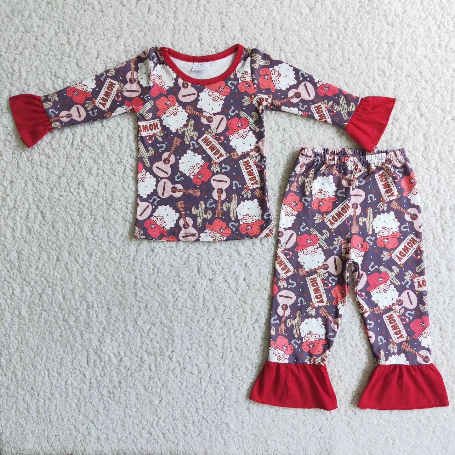 6 A6-14 Christmas Baby Girl Howdy santa guitar cactus pajamas Outfit