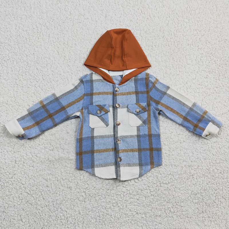 BT0208 Baby Boy Blue Plaid Shirt Pocket Flannel Button Up Hoodie