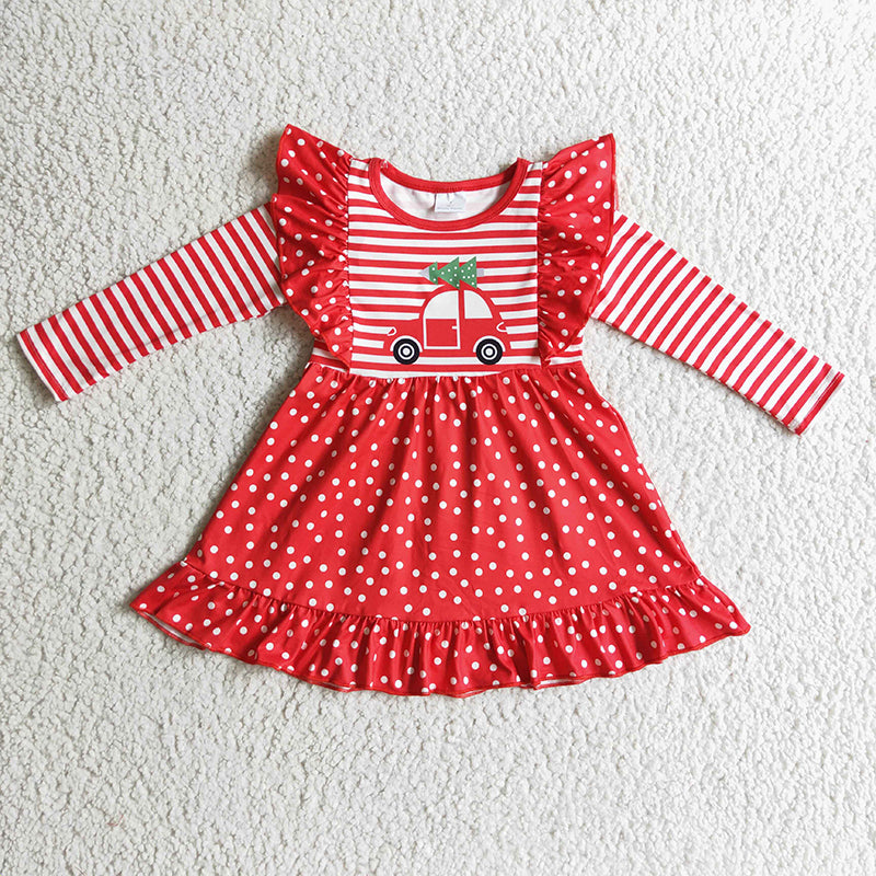 GLD0145 Baby Girl Red Car Christmas Stripe Dress