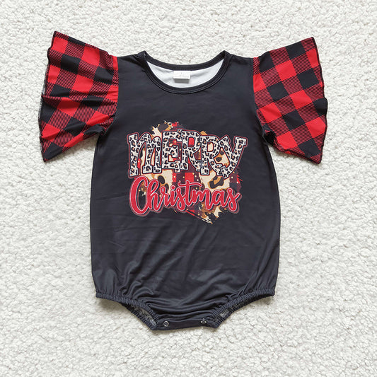 SR0103 Baby Girl Merry Christmas Kids Plaid Short Sleeves Romper