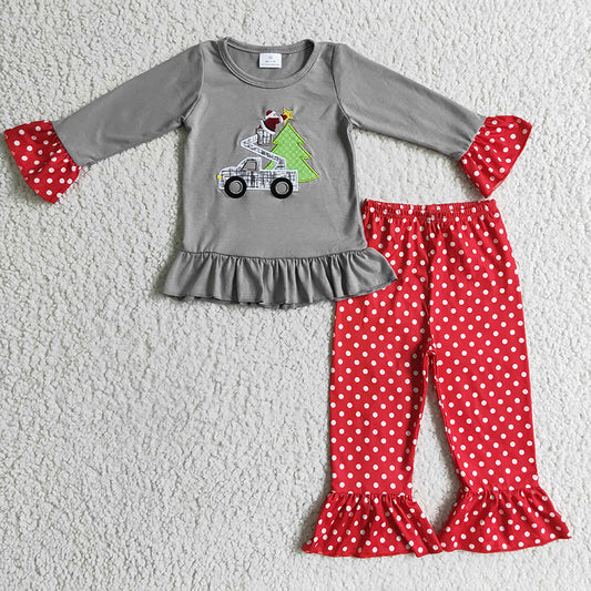 GLP0332 Christmas embroidery Santa Tree Tractor Baby Girl Dots Pants Cotton Pajamas Outfit