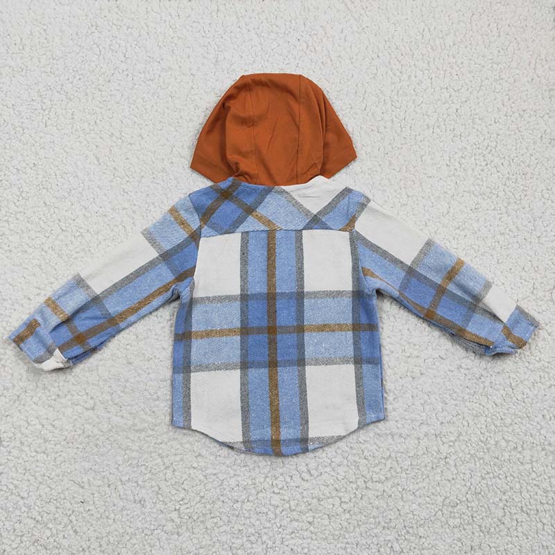 BT0208 Baby Boy Blue Plaid Shirt Pocket Flannel Button Up Hoodie