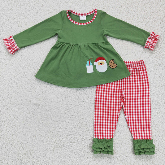 GLP0356 Christmas Embroidery Milk Santa Cookie Baby Girl Plaid Ruffle Pants Pajamas