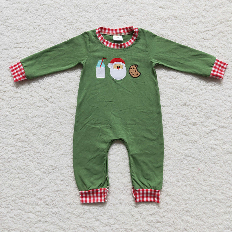 LR0232 Baby Boy Embroidery Christmas Santa Milk Cookie Cotton Romper