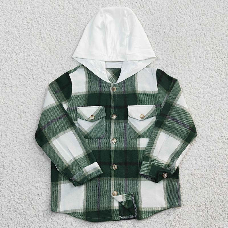 BT0209 Baby Boy Green Plaid Shirt Pocket Flannel Button Up Hoodie